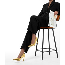 HDEUOLM Womens Stiletto High Heel Square Toe Pumps Slip-on Office Dress Patent Leather 3.9 Inches Heels Gold 8 M US