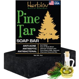 All Natural Pine Tar Soap Bar 4oz –Cleansing Anti Acne Eczema Psoriasis Itch Relief Pine Tar Face & Body Wash Cleanser – Pure Goat’s Milk Soap with Oatmeal, Charcoal, Essential Oils Made in USA