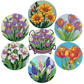 Leatrice Flower Diamond Art Coasters Set of 6, Small Diamond Painting Kits for Adults Beginners Women, Gem Art Coasters with Holder, Funny Arts Supplies for Kitchen Decor