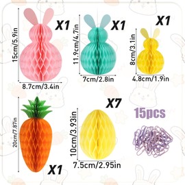 Xmart Pack of 11 Easter Decoration Honeycomb Ball Easter Egg Rabbit Carrot Paper Honeycomb Easter Egg with 15 Paper Clips Colourful Easter Honeycomb Ball Easter Decoration for Hanging for Spring