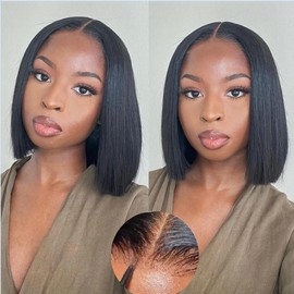 Glueless Bob Wig Human Hair Pre Plucked Pre Cut 4x4 HD Straight Lace Front Wigs Human Hair for Black Women No Glue Upgraded Wear and Go Glueless 150% Density (4x4 Glueless Bob Wig, 10 Inch)
