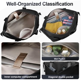 FIORETTO Womens Travel Bag Duffle Bag with Laptop Compartment, Water Resistant Gym Bag Weekend Bag Overnight Hospital Bag Holdall with Separated Shoes Compartment & Wet Pocket Black
