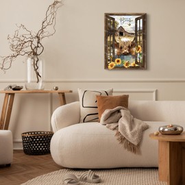 Rustic Farmhouse Wall Decor Highland Cow Canvas Wall Art Sunflower Highland Cow Country Pictures Vintage Bathroom Decor Wall Art Western Bathroom Wall Art 12"x16"