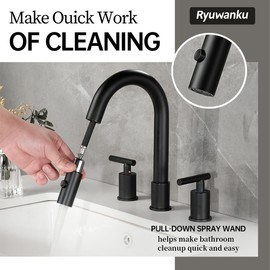 Ryuwanku Matte Black Pull Down Bathroom Faucet with Pop-up Drain, 8 inch Widespread Bathroom Faucet 3 Hole with Pull Down Sprayer 2 Modes. 8'' Matte Black Bathroom Faucet with Supply Lines