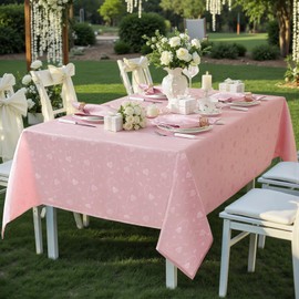 SASTYBALE Tablecloth Rectangle, Pink Wedding Table Cloth Love Heart Jacquard Waterproof Table Cover for Daily Party Anniversary Dinner (52"x70")