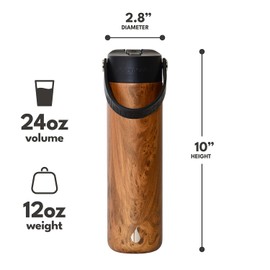 Elemental Core Stainless Steel Water Bottle with Straw - 24 oz Leak Proof Double Wall Insulated Water Bottles for Travel, Sports and Gym - Reusable Bottle with Straws - Teak Wood