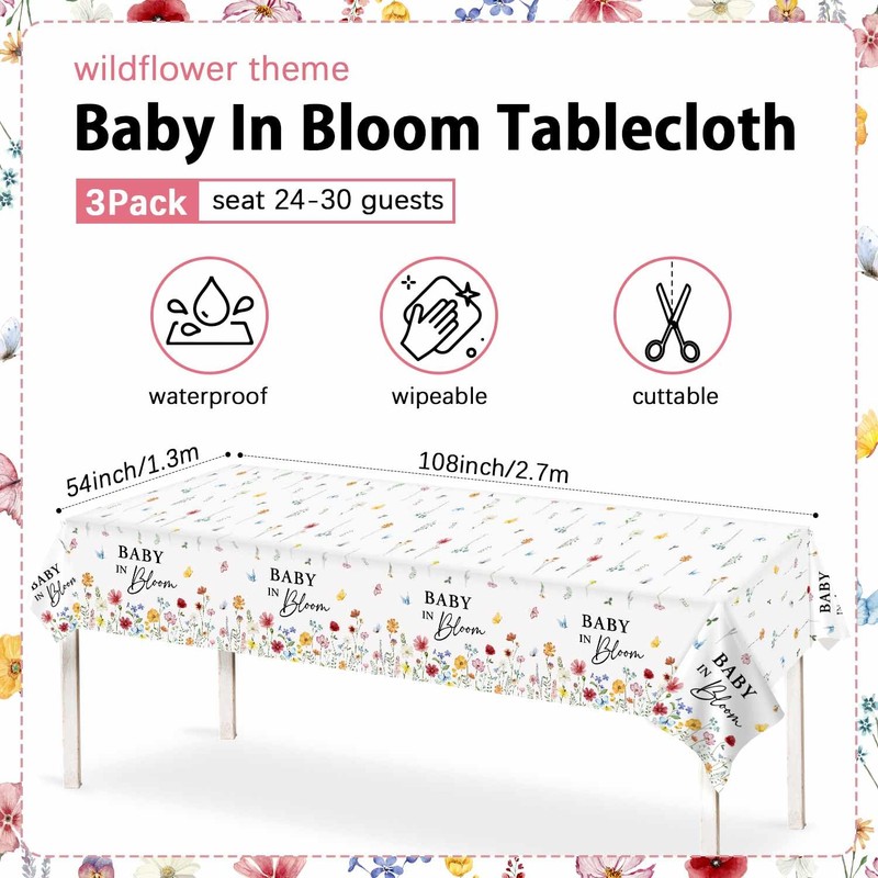 3 Pack Wildflower Baby in Bloom Baby Shower Tablecloth Decorations,Spring