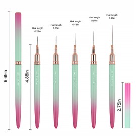 WOKOTO 5 Pcs Nail Art Liner Brushes Green Pink Gradient Painting Nail Art Brush Set Nail Dotting Tool For Long Lines Thin Details Fine Drawing Sizes 5/8/12/15/20mm Liner Brushes With Metal Penholder