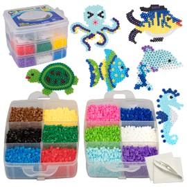8,000 pc Summer Fuse Beads Super Kit w Sea Animal Pegboards & Templates- 12 Colors, 6 Peg Boards, Tweezers, Ironing Paper- DIY Art Craft Project, Kids Beach Ocean Party Favor Gift or Fun Camp Activity