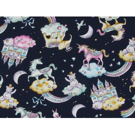 Cotton Poplin Fabric Navy Blue Fairy Tale Princess Castle & Unicorn Printed Premium Cotton Fabric 100% Cotton 1 Metre in Pre-cut Pieces Ideal for Crafts, Patchwork and
