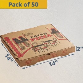 Pizza Boxes 14" x 14" - 50 Pack Kraft w/Print Corrugated Cardboard, Recyclable and Grease-Resistant Takeout Boxes, Plain Flat Packed Containers for Pizza, Bakery, Food Delivery