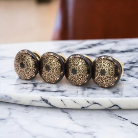 Infinity Decor Pack of 8 Emerald Black & Golden Floral Designed Ceramic Cupboard Knobs - 40mm Modern Pull Handles for Chest Drawers, Cabinet Door