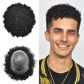 FACE MIRACLE Afro Toupee for Black Men All Poly Mens Toupee Human Hair Replacement System African American Man Hairpiece Kinky Curly Hair Units for Black Man 12MM Wave 1# Jet Black