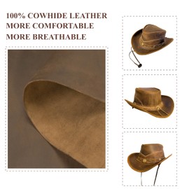 ZEEKSTAR Premium Handcrafted Leather Cowboy Hat with Adjustable String - Classic Western Style (US, Alpha, One Size, Large, Brown)
