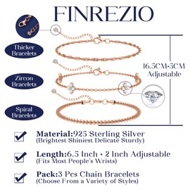 Finrezio Women's 925 Silver Bracelets, Set of 3, Gold 14 Carat Gold-Plated Bracelets, Women's with Cubic Zirconia, Adjustable Bracelet, Silver Jewellery for Women