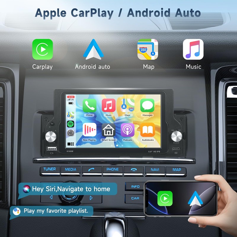 Single Din Car Stereo Wireless CarPlay/Android Auto, 5.9" HD IPS