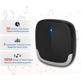 YYQ Waterproof Wireless Doorbell Outdoor Indoor 300M 58 Ringtones 5 Volume Levels for Home Business (1 Transmitter + 1 Receiver) (Black)