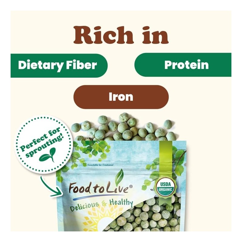 Food to Live Organic Whole Dried Green Peas, 10 Pounds