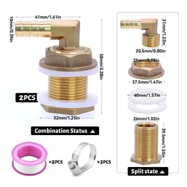 NVGFTG 2 Piece Tank Fitting Brass Tank Feedthrough 3/4 Inch Brass Water Butt Connection Set with Hose Nozzle, Hose Clamps, Teflon Tape (3/4 Inch)