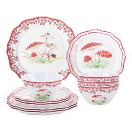 UPware 12 Piece Mushroom Melamine Dinnerware Sets, Outdoor Dishes Set, Plates and Bowls Sets, Service for 4, Red
