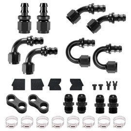 BRIFITOR 6AN Push Lock Barb Hose End Fitting Kit 0/45/90/180 Degree with 37° Flare Anti-Leak Aluminum Adapters, Hose Separator Clamps & AN Wrench Protectors, All-in-One Kit for Rubber Fuel Line