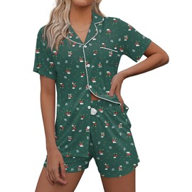 Ekouaer Pajamas Set for Women Short Sleeve Sleepwear Summer Button Down Nightwear Soft Pjs Lounge Set Green Christmas Deer XL