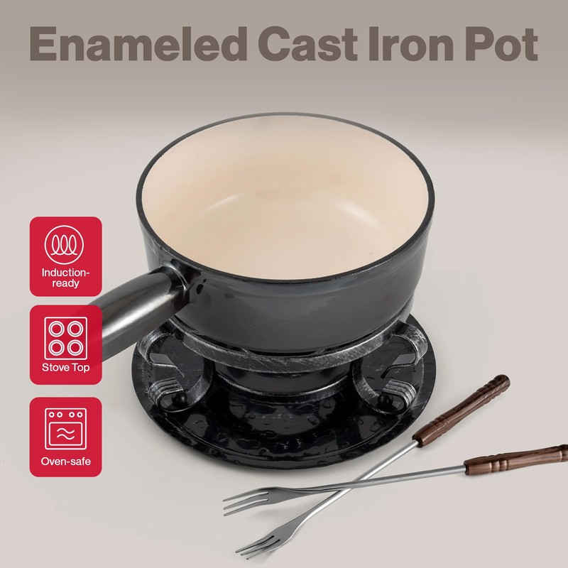 Swissmar Lugano Cast Iron Cheese Fondue Set, 9-Piece, 2 QT
