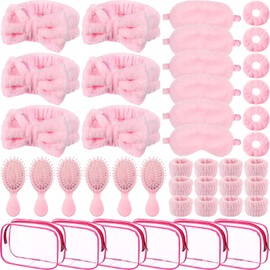 Daifunli 36 Pieces Pink Spa Sleepover Party Favors 6 Pink Spa Headband 6 Plush Sleep Eye Mask 6 Velvet Scrunchies 6 Wristband 6 Hair Brush 6 Clear Cosmetic Bags for Slumber Party Favor Gift