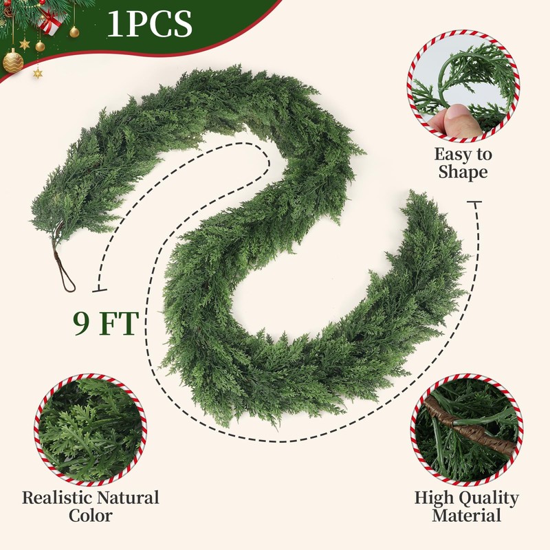 9FT Christmas Cedar Garland Artificial Greenery Indoor Outdoor Decoration