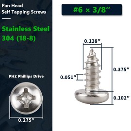 #6 x 3/8" (100 Pack) Stainless Steel Phillips Pan Head Wood Screws, Stainless Steel 304 (18-8), Pan Head Sheet Metal Screws Self Tapping for Wood