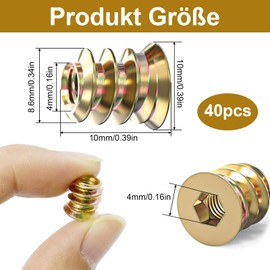 Soiftra Pack of 40 Wooden Screw Nuts, Threaded Insert Nuts, M4 x 10 mm, Screw Sockets, Galvanised Hexagon Sockets, Threaded Wood Inserts, Screw Sleeves for Wooden Furniture, Shelves, Garden Furniture