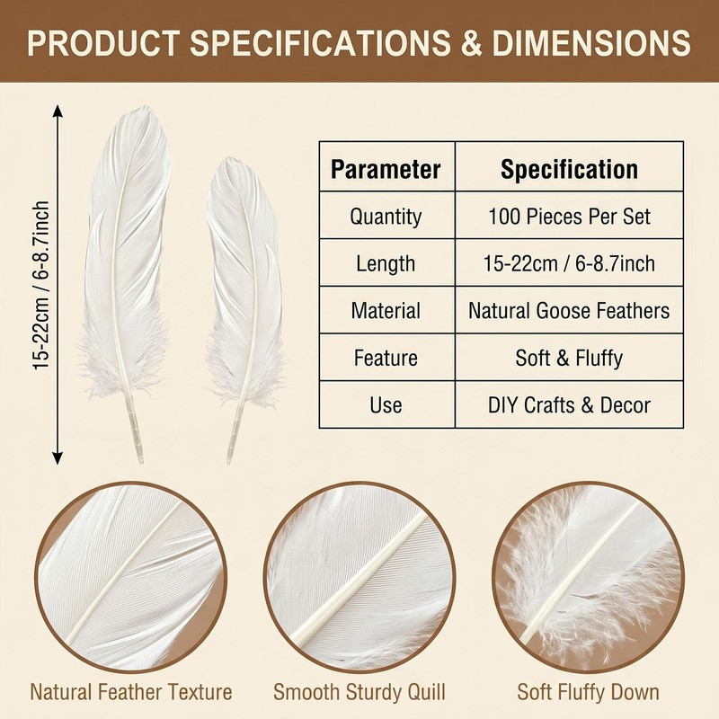 100PCS White Goose Feather 6-8inch Mixed Jewelry Making Crafts Swan