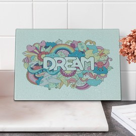 Ambesonne Unicorn Party Cutting Board, Colorful Cartoon Style Childish Elements Dream Lettering Doodle Illustration, Decorative Tempered Glass Cutting and Serving Board, Small Size, Multicolor