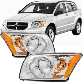 Aresparts 2pcs Headlights Assembly For 2007 2008 2009 2010 2011 2012 Dodge Caliber Hatchback SE SXT R/T Express Uptown Halogen Replacement Headlamp Chrome Housing Amber Reflector