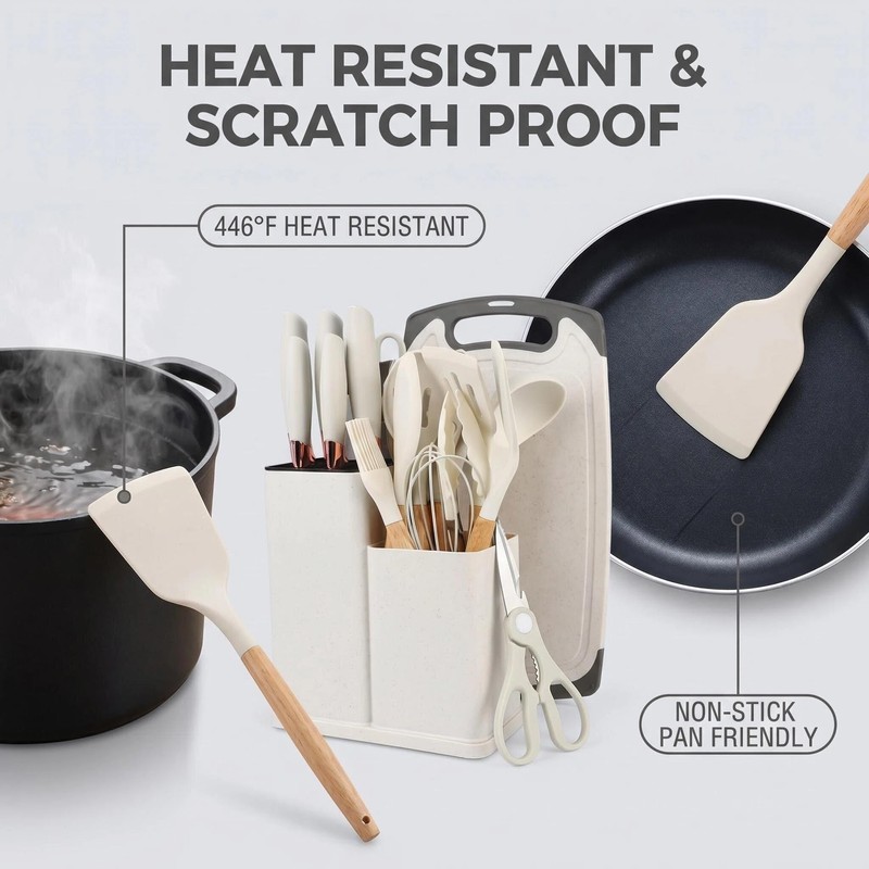 Henlutuo 19‑Piece Silicone Kitchen Utensil Set, Heat‑Resistant Non‑Scratch Cooking Tools,