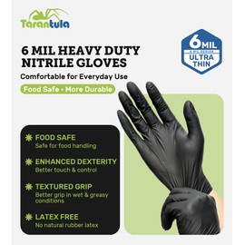 6-mil Disposable Nitrile Gloves, Black, Large, Food-Safe & Powder-Free