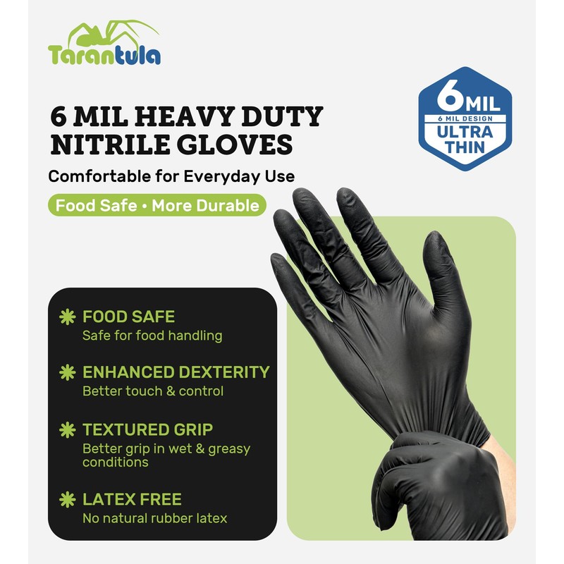 6-mil Disposable Nitrile Gloves, Black, Large, Food-Safe & Powder-Free