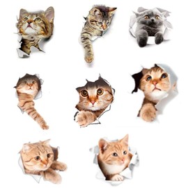 siawadeky Cat Stickers, Set of 8, Wall Stickers, Looks Like Popping Out 3D Waterproof, Self-sealing, Decorative, DIY, 3D, Cafe, Pet Store, Toilet, Entryway, Bedroom, Children's Room Decoration,