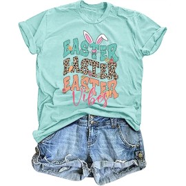 Happy Easter Cute Women's Cotton Sleeveless T-Shirts with Easter Bunny & Egg GraphicsColor: Easter vibes-green2, Size: S