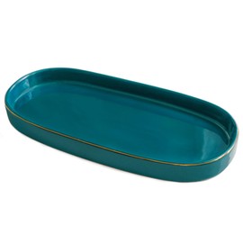 Ceramic Bathroom Vanity Tray, 10x5 Oval Decorative Tray for Counter, Dish Soap Tray for Kitchen Sink, Green