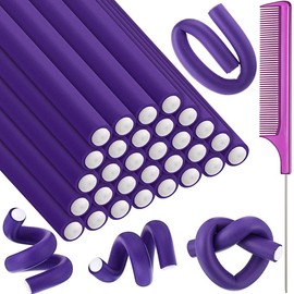 30 7'' Flexible Curling Rods Twist Foam Hair Rollers Soft No Heat And 1 Steel Pintail Comb Rat Tail For Women Long Short Hair(purple 7 X 0.55 Inch) black liquid tension secret curl ruler bamboo:_Purple_1 Count (Pack of 31)