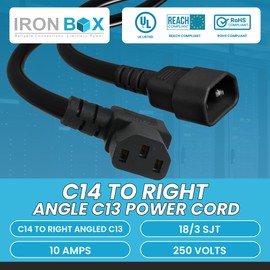 IronBox Electric C14 to Right Angled C13 Power Cords - 10A, 250V, 18/3 SJT - Heavy Duty Extension Cord - UL Listed Flat Plug and Connector Cable for Computer, PDU, Data Centers and More (1ft, Molded)