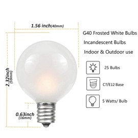 25 Pack G40 Frosted White Light Bulbs Replacement, 1.5 Inch Globe G40 Outdoor Patio String Lights Bulbs, 5W Light Bulbs with C7/E12 Candelabra Base for Outdoor Garden Patio Party Decor, Frosted White