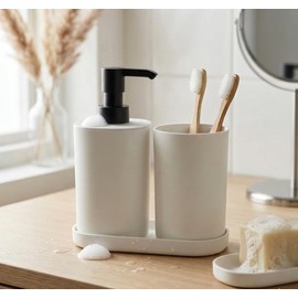 Genérico Argento Juego de Baño 3 Piezas Dispensador de Jabon Liquido y Vaso Portacepillos con Bandeja Multiusos, Minimalista, Elegante, Resistente y Fácil de Limpiar