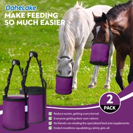 OAHELAKE Horse Feed Bag 2 Pcs, Mesh Feed Bags for Horses, Muzzle Feedbag for Feeding Grain, Anti-Spill Design Feeder, Soft Neck Pad Nose Pad, Universal Fit (Purple, Pack of 2)