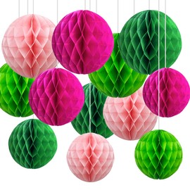 Pack of 12 Green and Pink Paper Honeycomb Balls, Hanging Tissue Paper Honeycomb Balls for Party Decoration (6 inches and 10 inches)