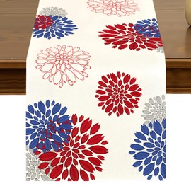 Independence Day Blue Red Dahlia Flower Memorial Day Table Runner 13x72 Inch 4th of July God Bless America Kitchen Dining Table Decor for Indoor Outdoor Home Party Decoration ZQ115