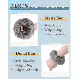 HSLHDI 2PCS Messy Bun Hair Piece-Large Wavy Curly & Donut Updo Hair Pieces Set, Scrunchies Synthetic Chignon Ponytail Extensions Thick Updo for Women(Gray)