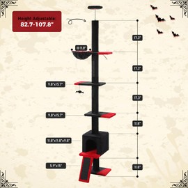 PETEPELA Floor to Ceiling Cat Tree, Gothic Cat Tower 5 Tiers Tall (83-108 Inches) Adjustable Height, Cat Climbing Tree Featuring with Cat Condo, Cat Scratching Post Cat Perches for Indoor Cats, Black