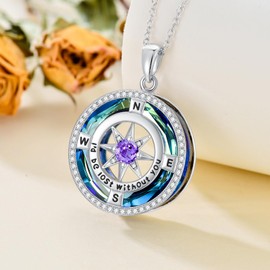 OCJ February Birthstone Amethyst Necklace for Women 925 Sterling Silver Compass Pendant Necklaces Anniversary Jewellery Birthday Gifts for Her Wife Girlfriend